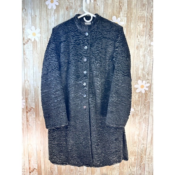 Chico's Women's Coat Sz 1 Black Textured‎ Faux Fur Mid Length Fully Lined Button - Picture 1 of 8